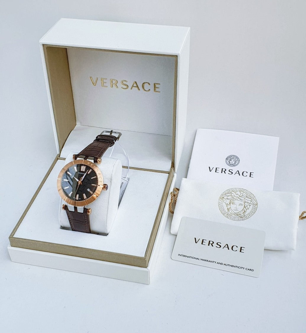 Versace V-Race Timepiece With Black Dial And Textured Leather Strap