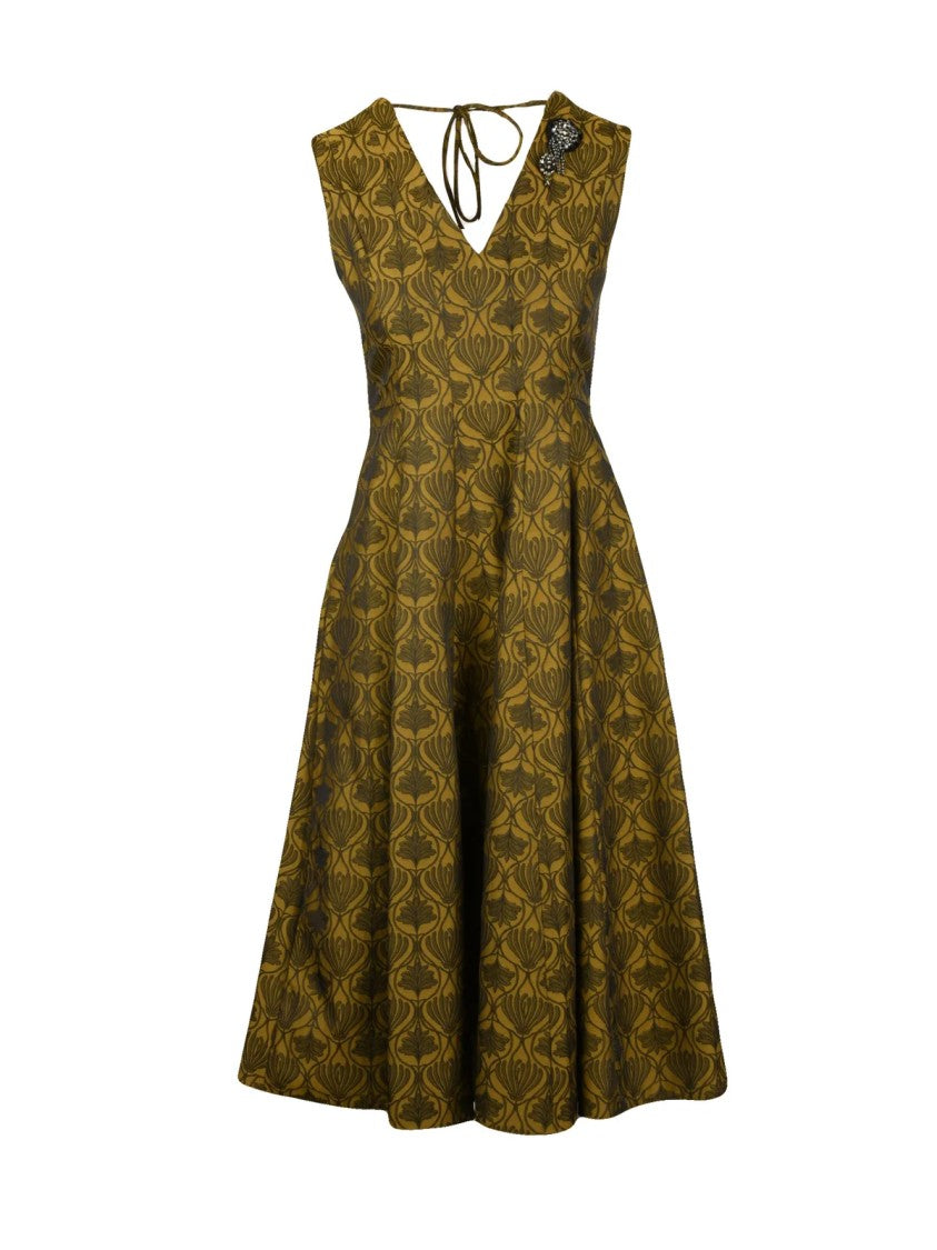 Max Mara A-Line Floral Print Dress With Deep V-Neckline And Functional Pockets