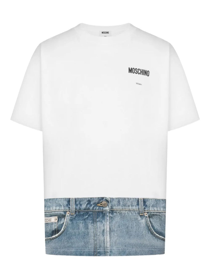Moschino White T-Shirt With Denim-Inspired Hem Design