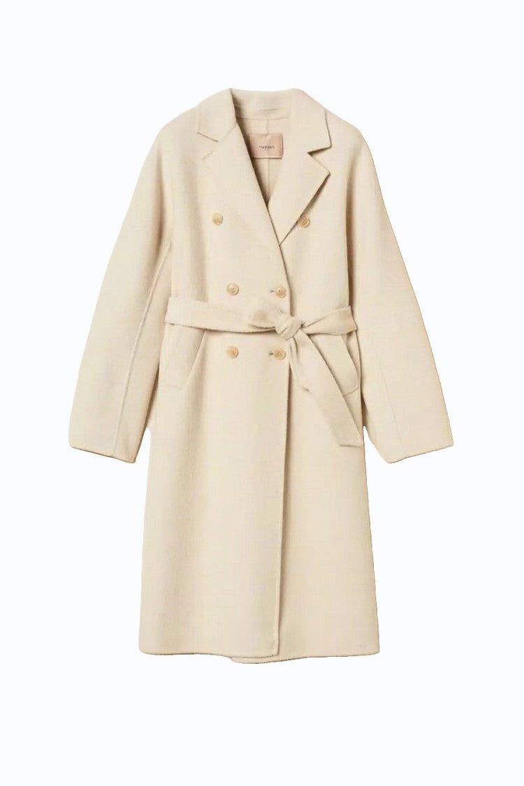 Twin-Set Ivory Double-Breasted Belted Wool-Blend Coat
