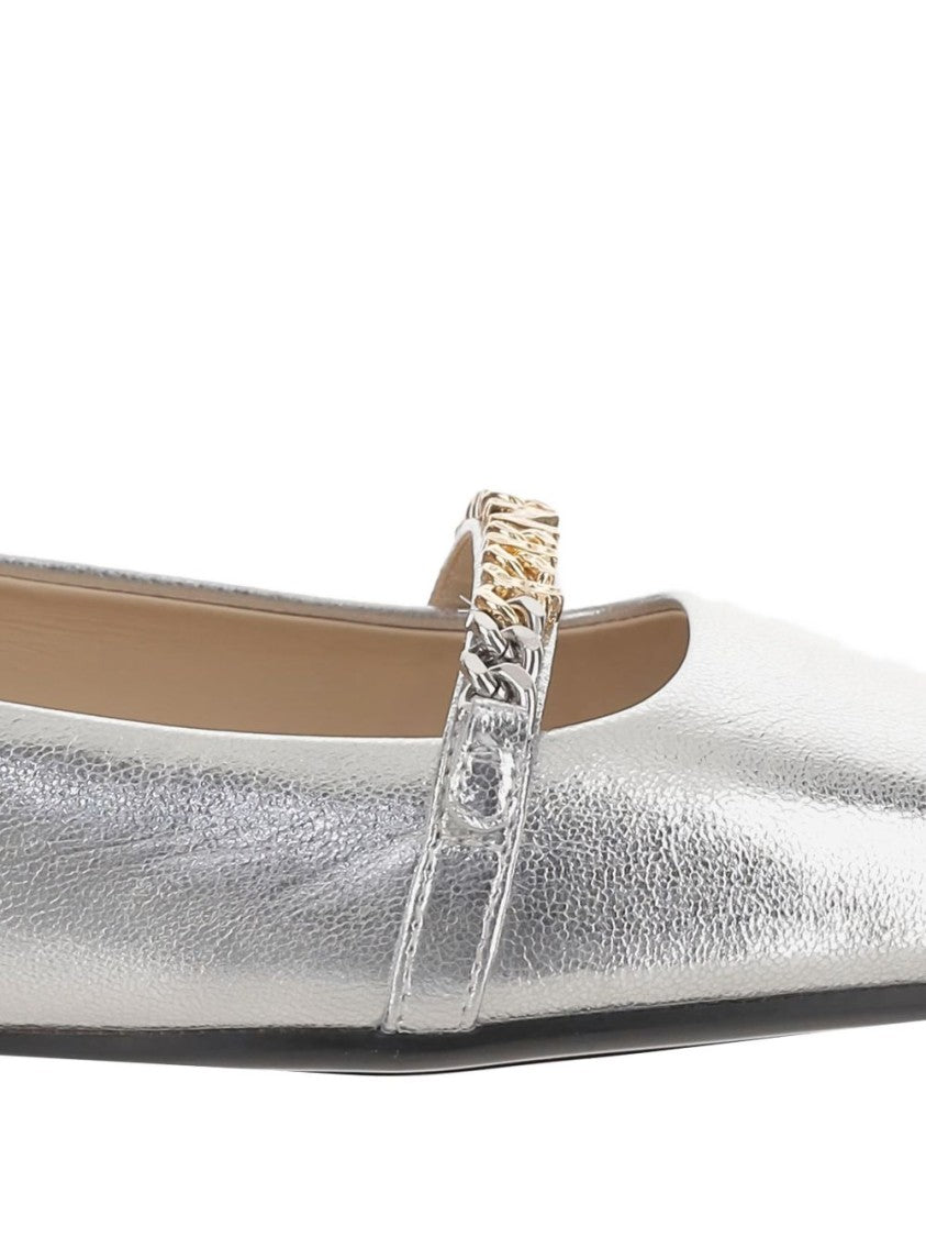 Pinko Pointed Toe Flats With Metallic Silver Finish And Chain Detail