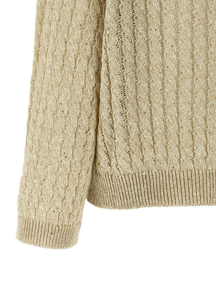 Brunello Cucinelli Beige Openwork Cable Knit Linen Sweater