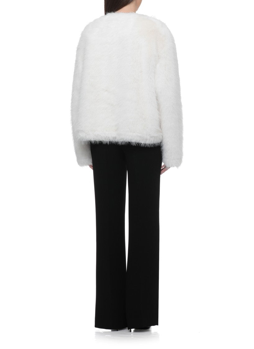 Stand Studio Cropped White Faux Fur Jacket With Plush Texture