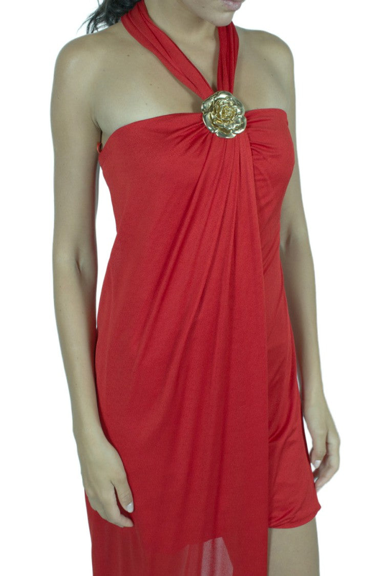 Blumarine Red Draped Asymmetric Jewelled Viscose Evening Dress
