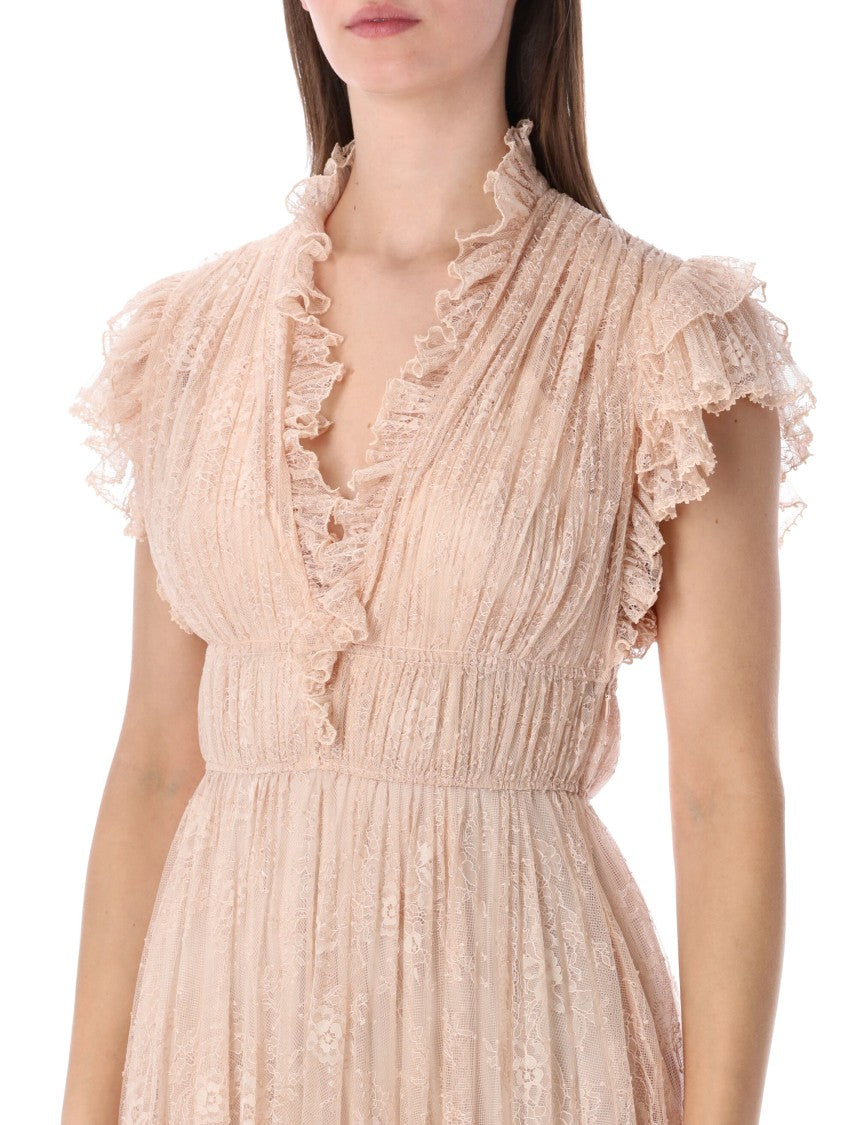 Alberta Ferretti Pleated Lace V Neck Evening Dress