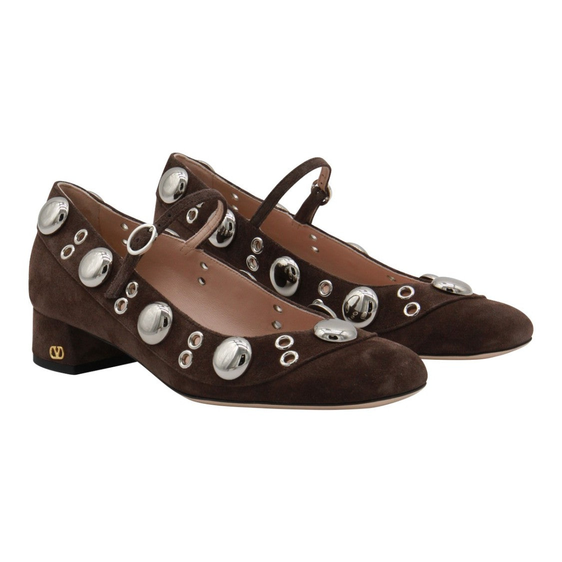Valentino Garavani Studded Dark Brown Suede Mary Jane Shoes