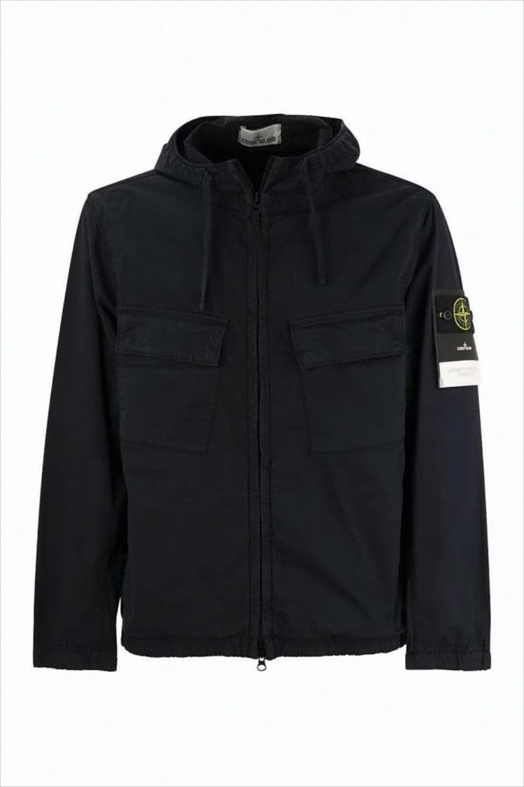 Stone Island Black Leather Jacket With Distinctive Logo Patch