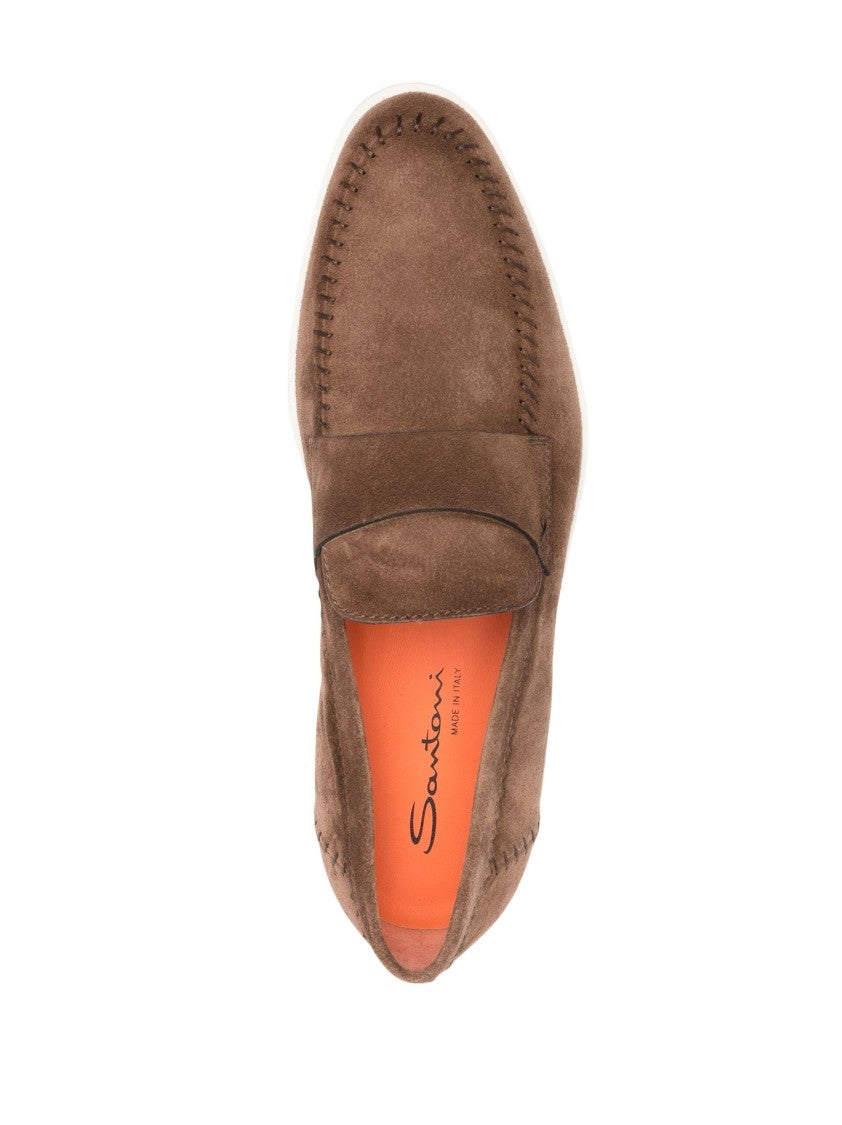 Santoni Brown Suede Loafers With Stitched Detail