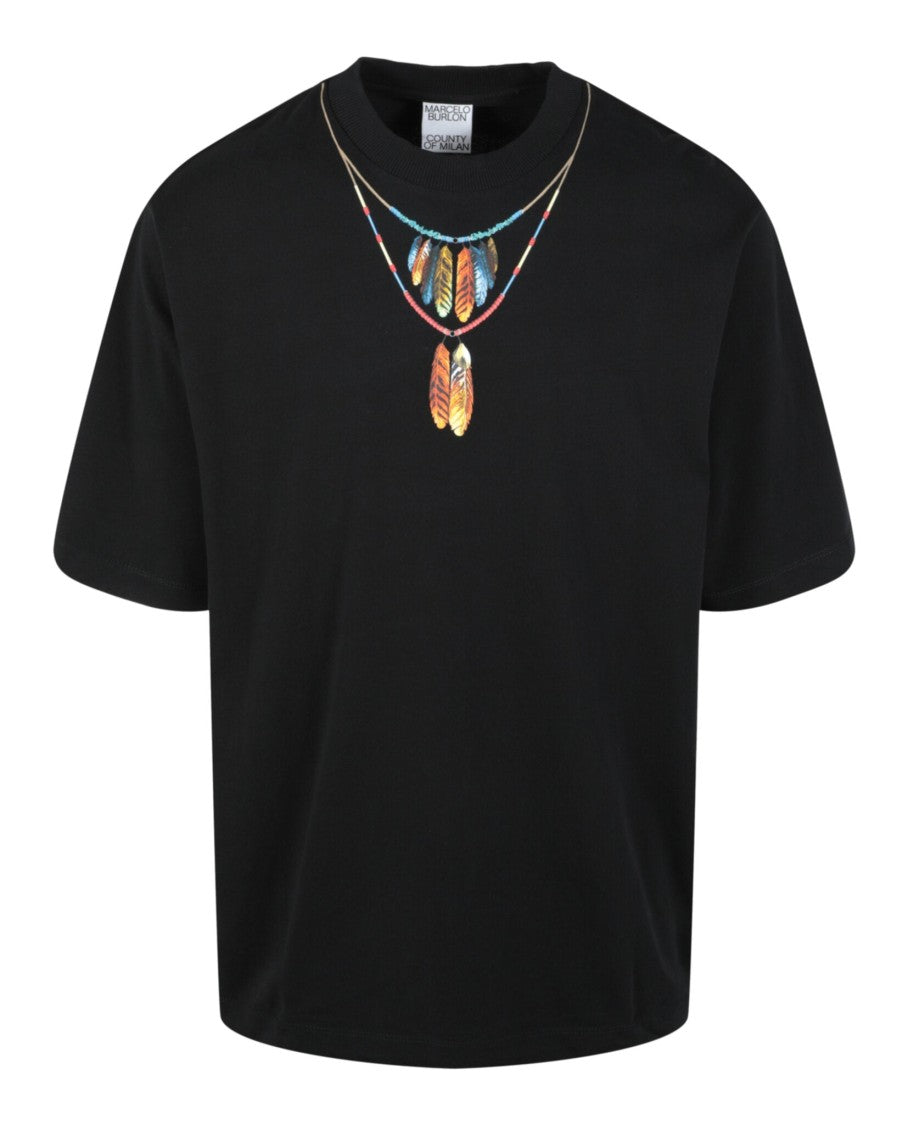 Marcelo Burlon Feathers Necklace Graphic Black T-Shirt