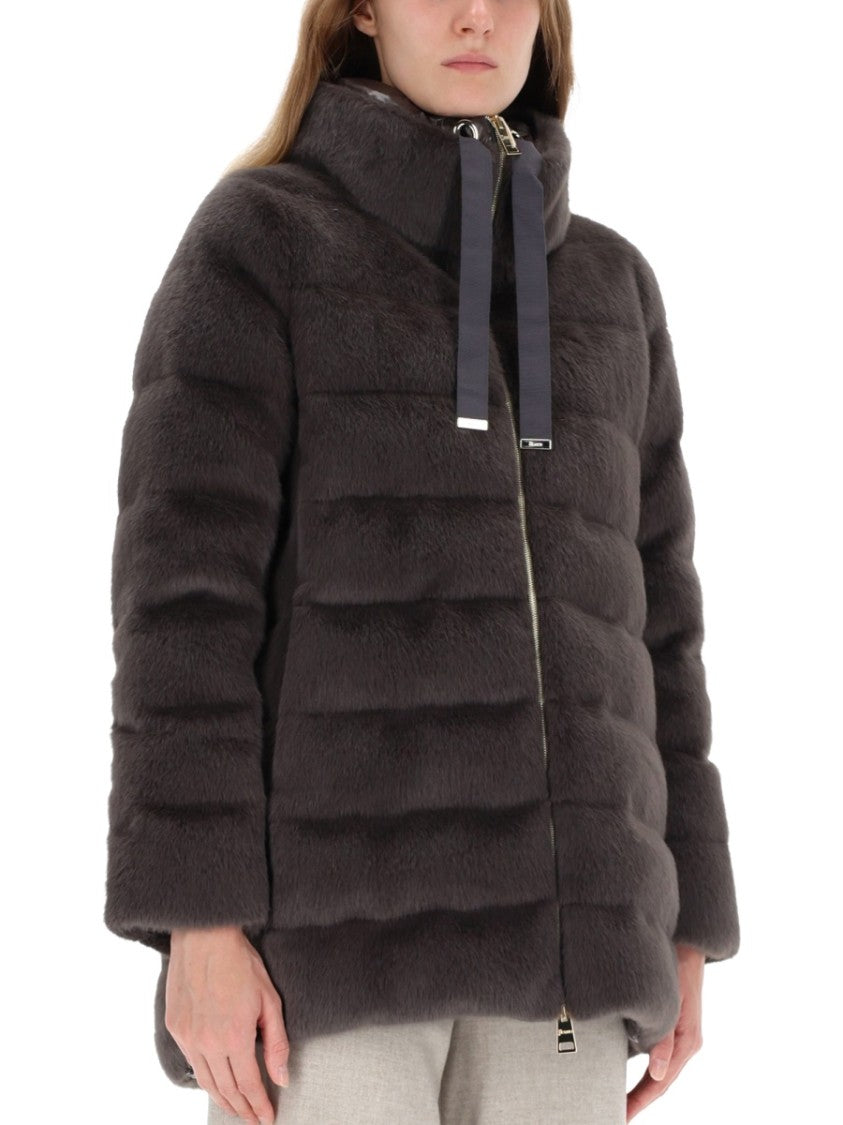 Herno Plush Quilted Coat With High Collar And Ribbon Pulls