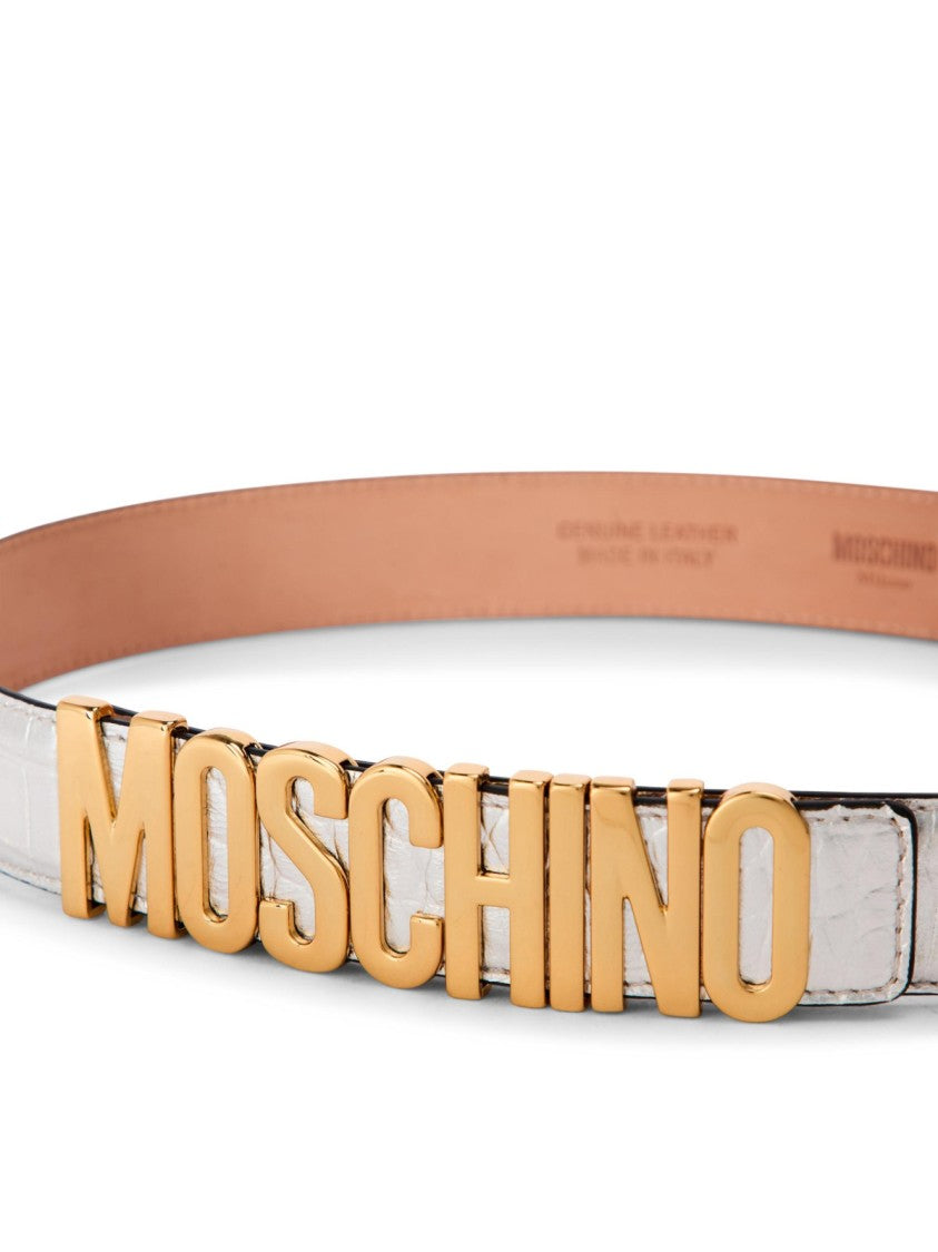 Moschino Silver Logo Lettering Buckle Leather Belt