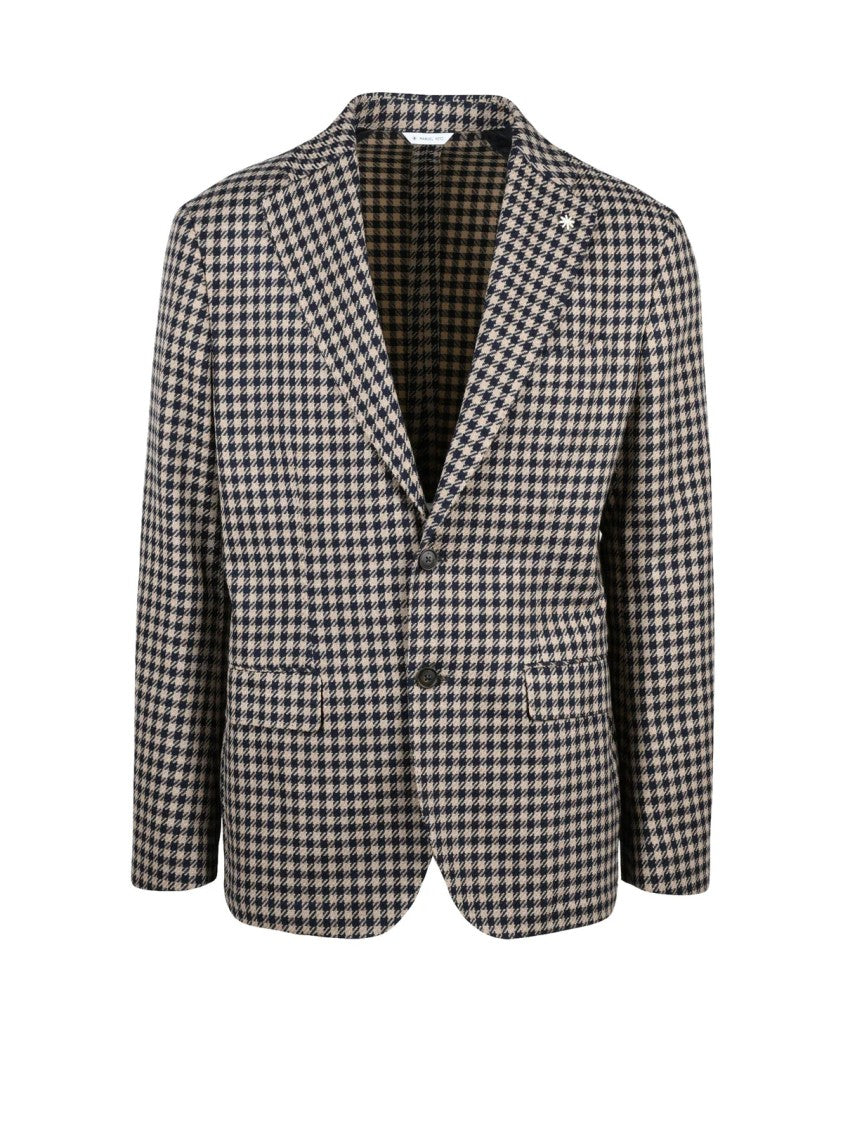 Manuel Ritz Beige/Blue Houndstooth Unlined Virgin Wool-Cotton Blazer
