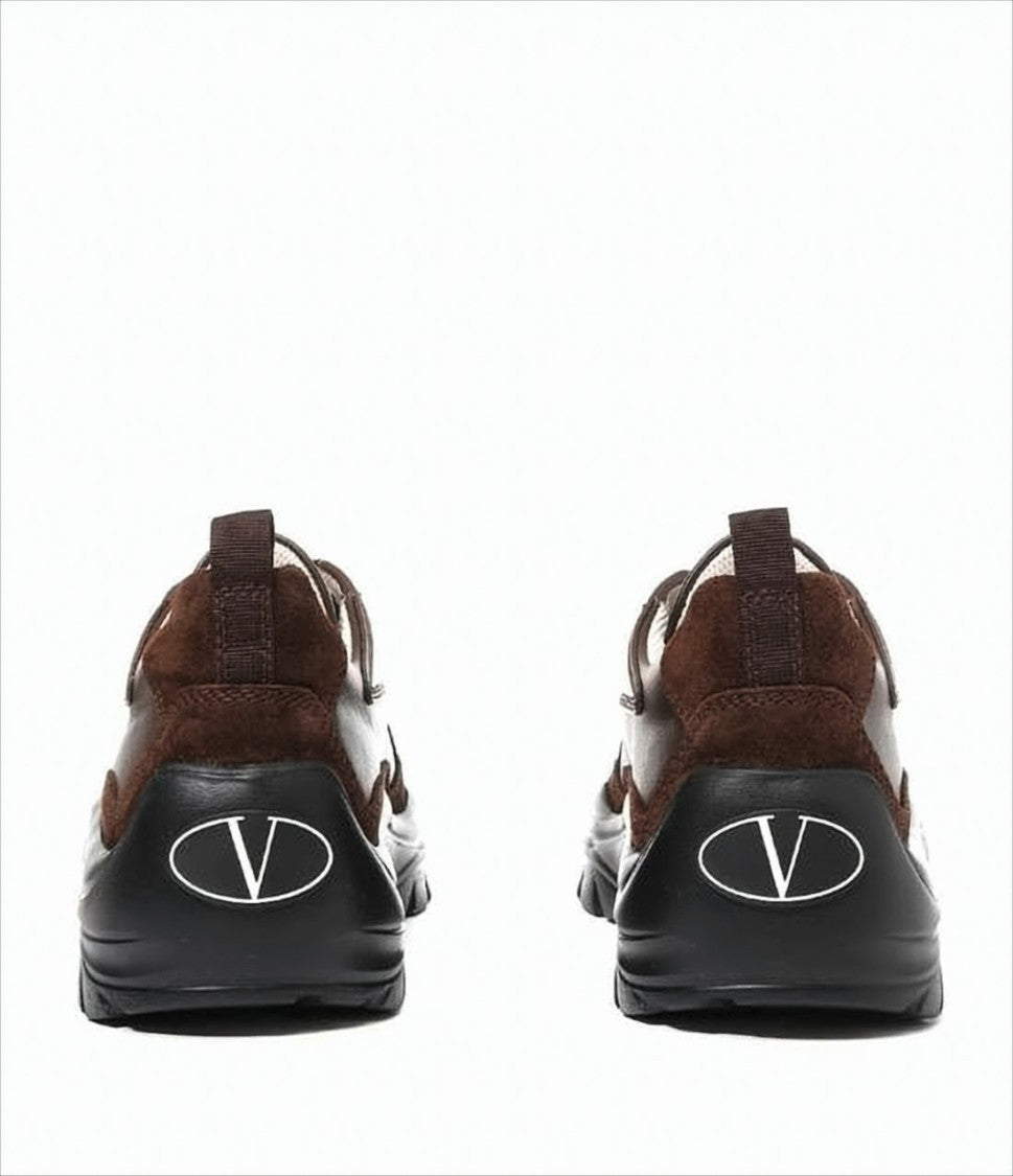 Valentino Garavani Brown Leather And Suede Sneakers With Textured Sole