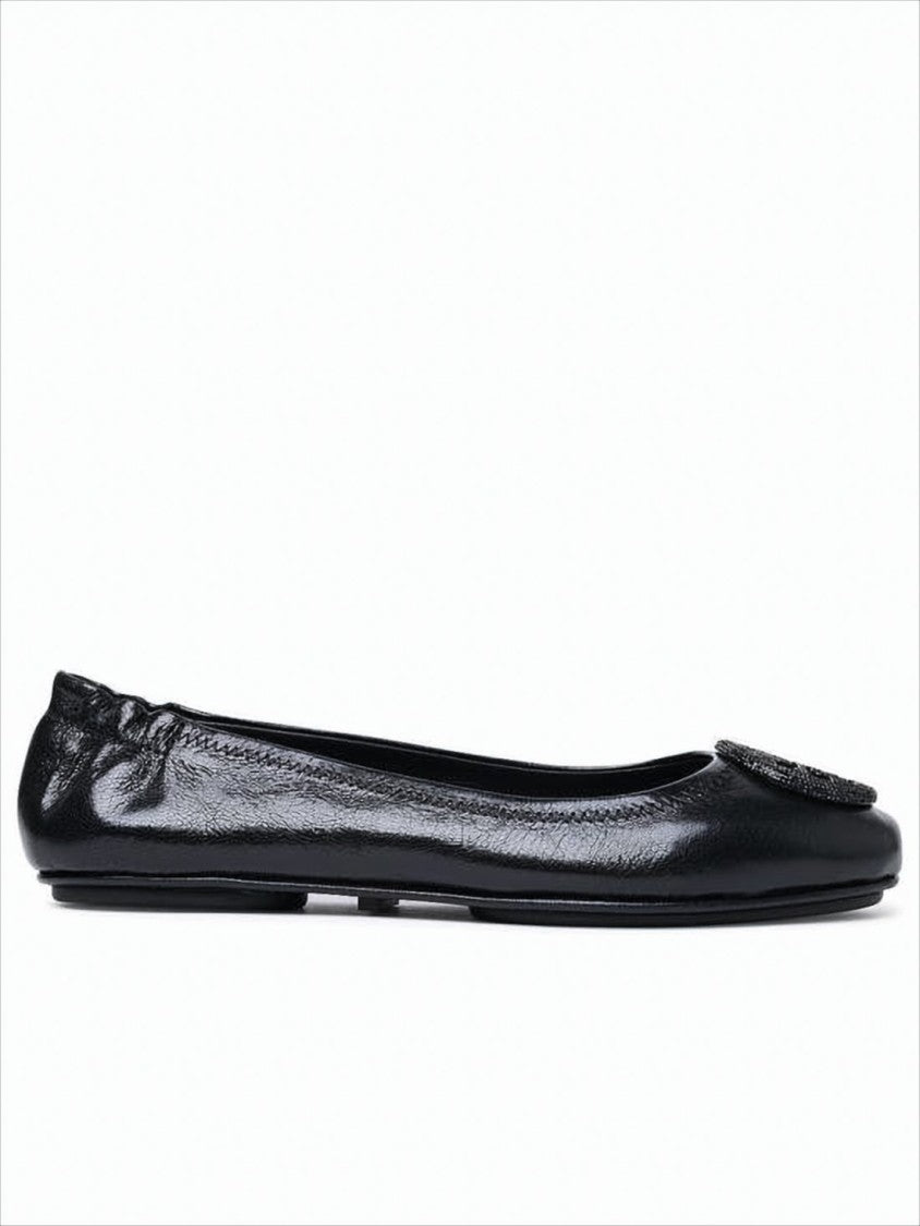 Tory Burch Lamb Leather Black Flat Shoes With Textured Emblem