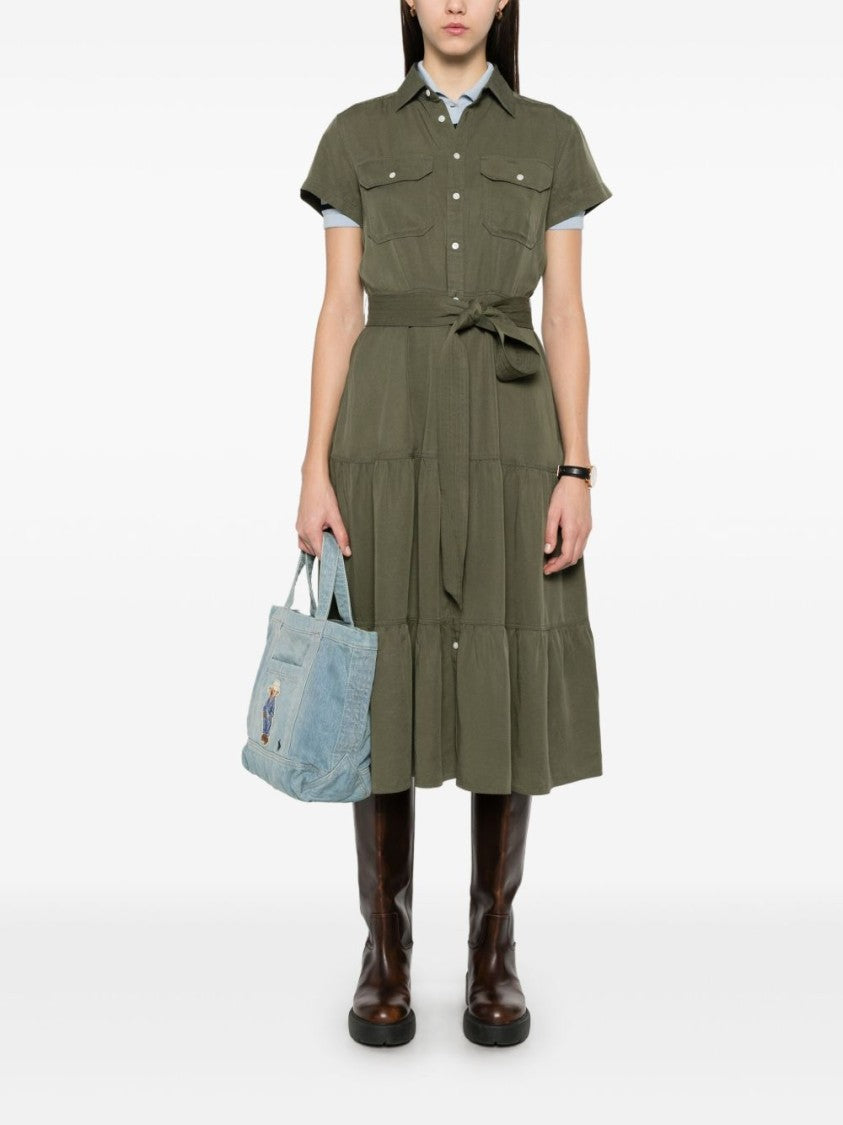 Polo Ralph Lauren Tiered Olive Green Linen Dress With Detachable Belt
