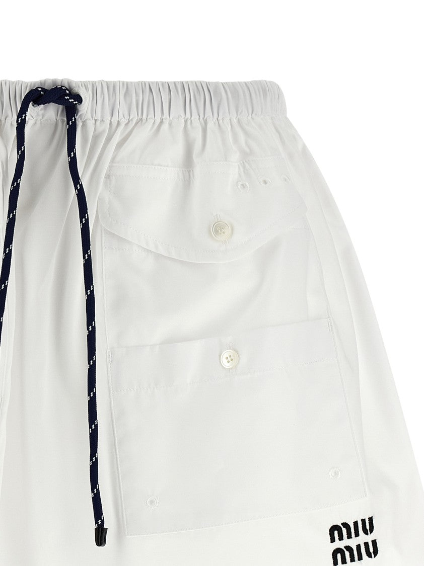 Miu Miu Cotton Poplin Mini Skirt With Curled Waistband And Front Pockets