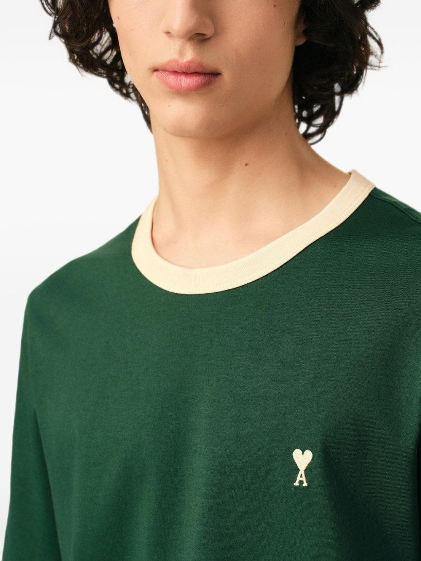 Ami Paris Cropped T-Shirt With Cream Ribbed Trims And Embroidered Logo
