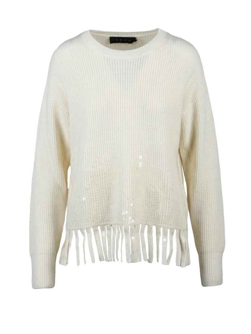 Icona Crew Neck Knit Wool Cashmere Sweater With Fringe Detail