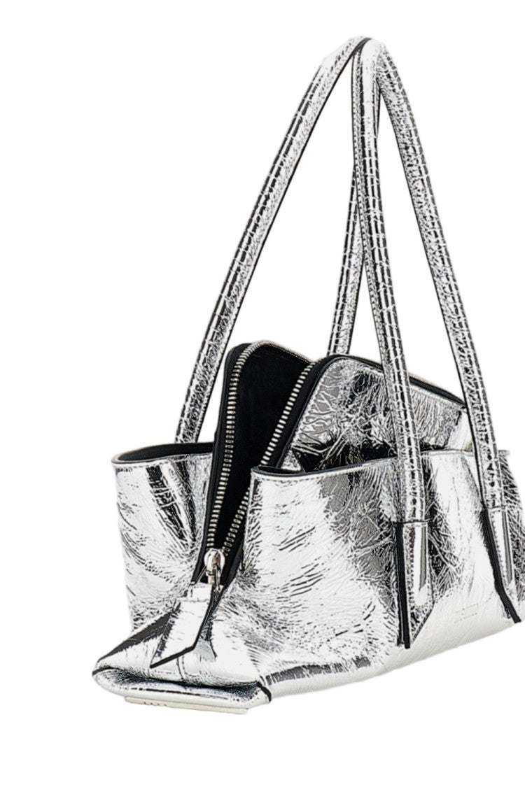The Attico Asymmetrical Trapezoid Top Handle Bag In Shiny Crinkled Calfskin