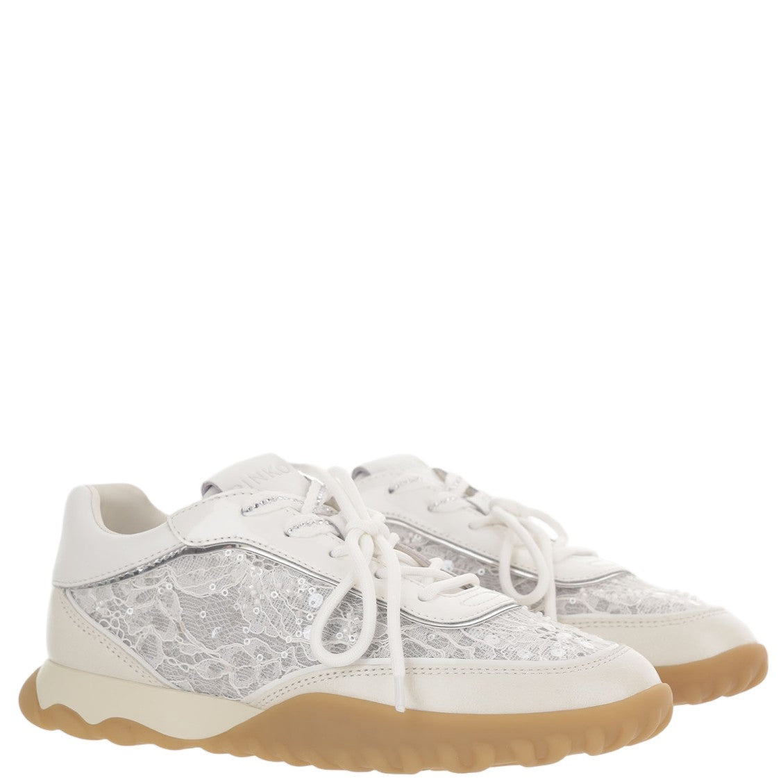 Pinko White Leather Mesh Detailed Low-Top Sneakers