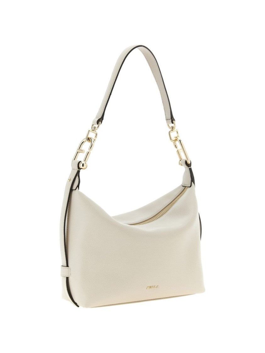 Furla Beige Structured Metal Logo Shoulder Bag