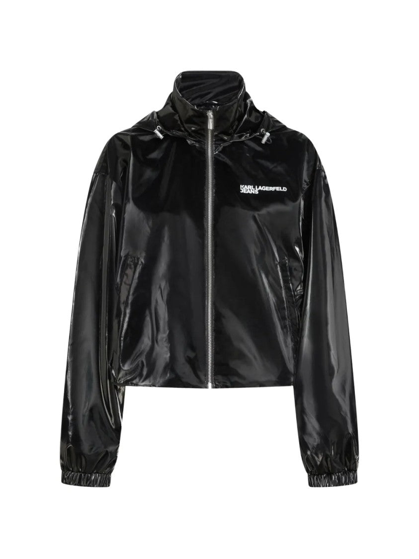 Karl Lagerfeld Glossy Black Cropped Jacket With High Collar