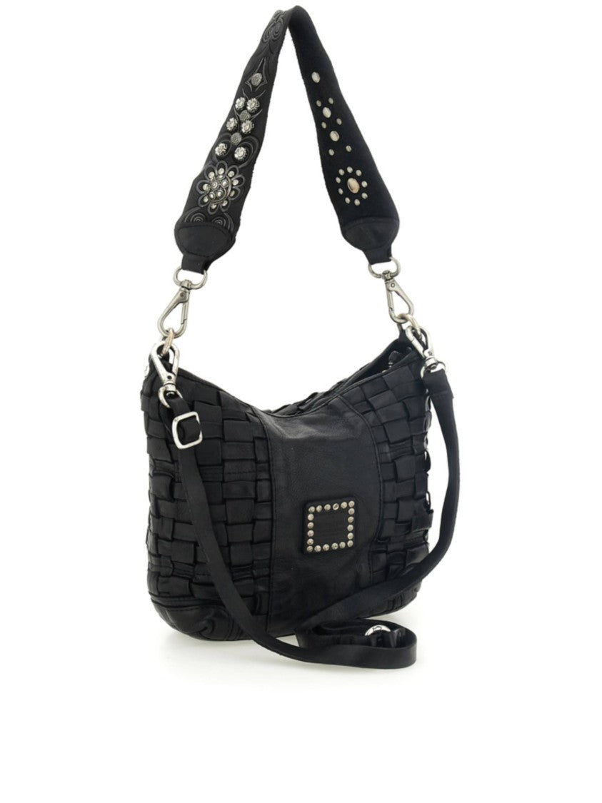 Campomaggi Textured Black Handbag With Floral Embellishments