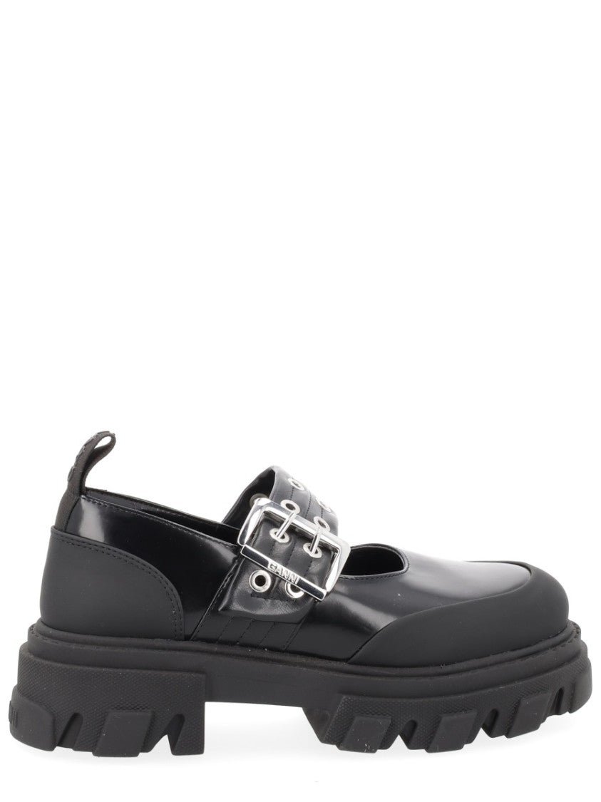 Ganni Logo Buckle Eyelets Platform Flats