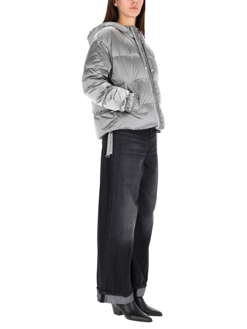 Max Mara Silver Anti-Drip Satin Quilt With Hood And Zipper Closure