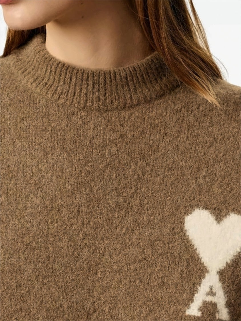 Ami Paris Relaxed Fit Brown Alpaca Wool Sweater