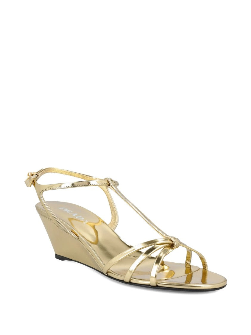 Prada Metallic Gold Wedge Crisscross Sandals