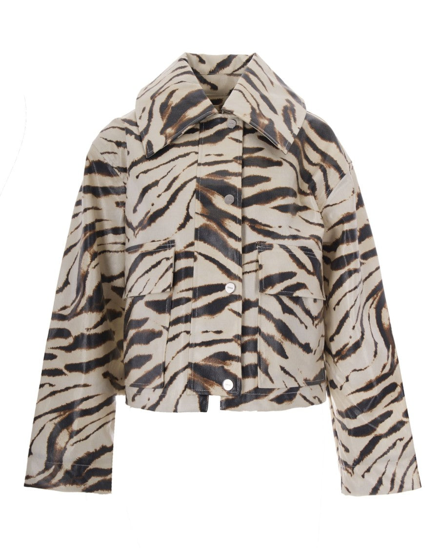 Ganni Cropped Zebra Print Laminated Jacket With Pleated Back