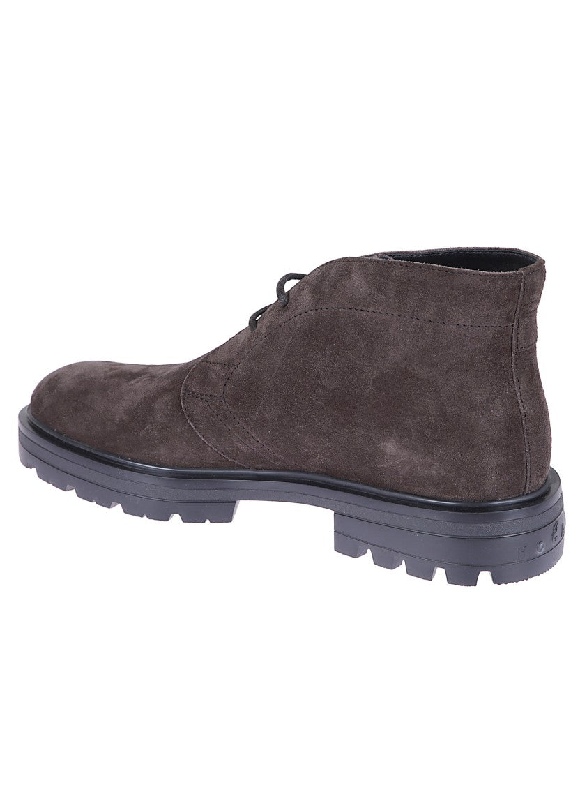 Hogan Lace-Up Ankle Boots With Smooth Brown Suede