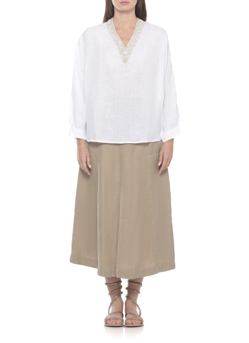 120% Lino White Strass V-Neck Linen Blouse