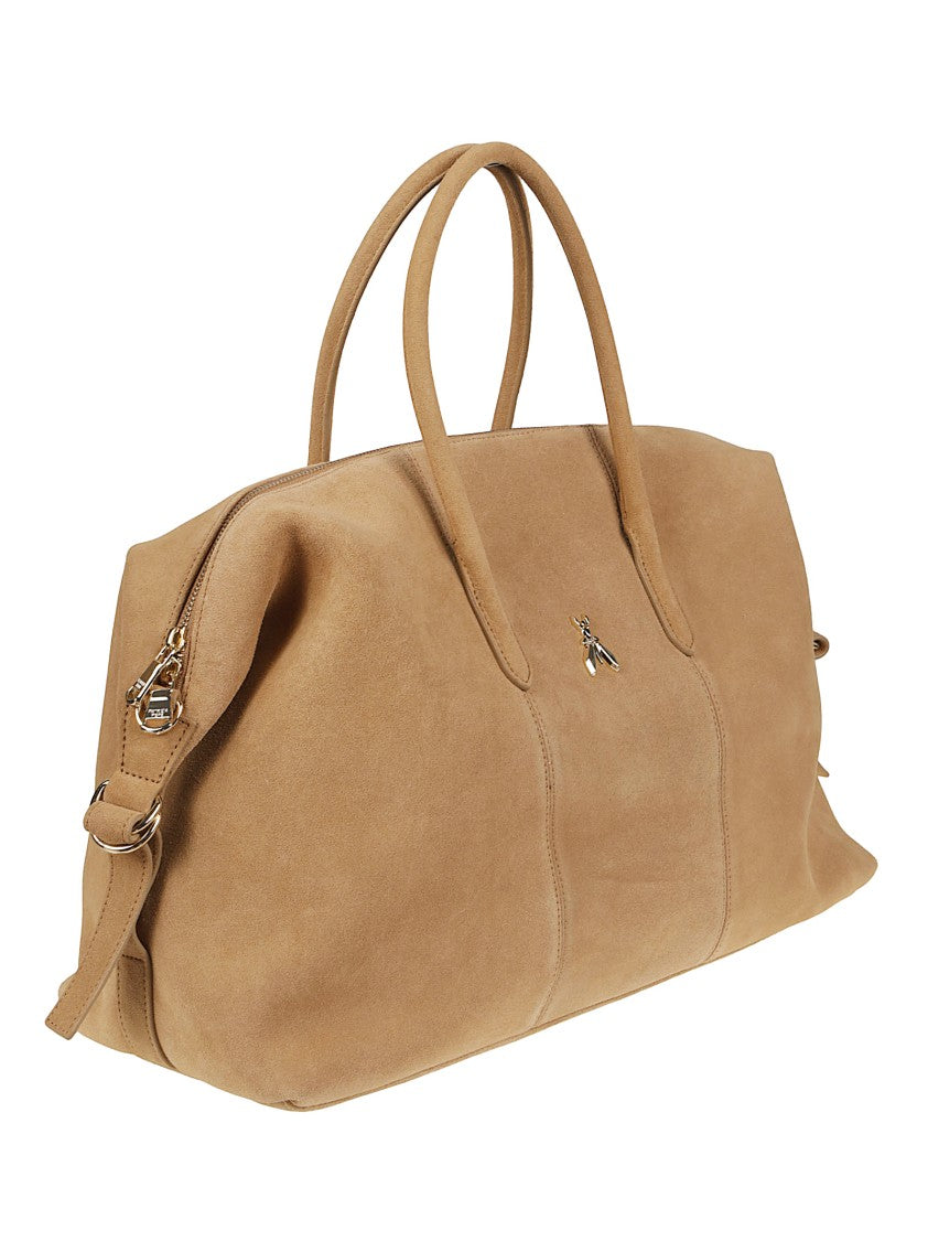 Patrizia Pepe Structured Calf Leather Metallic Emblem Top Handle Bag
