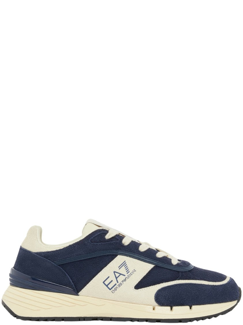 Ea7 Emporio Armani Dark Navy Leather Suede Overlay Low-Top Sneakers