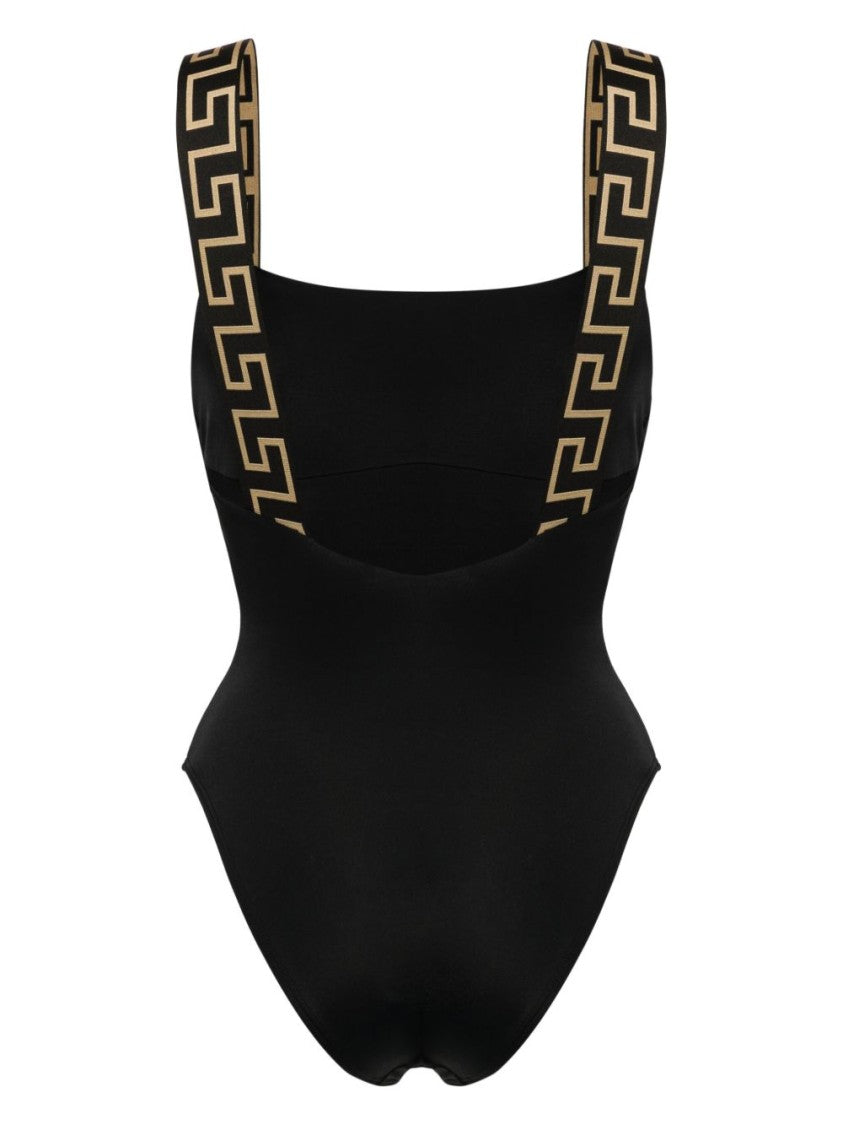 Versace Black Minimalist Floral Print One-Piece Swimsuit