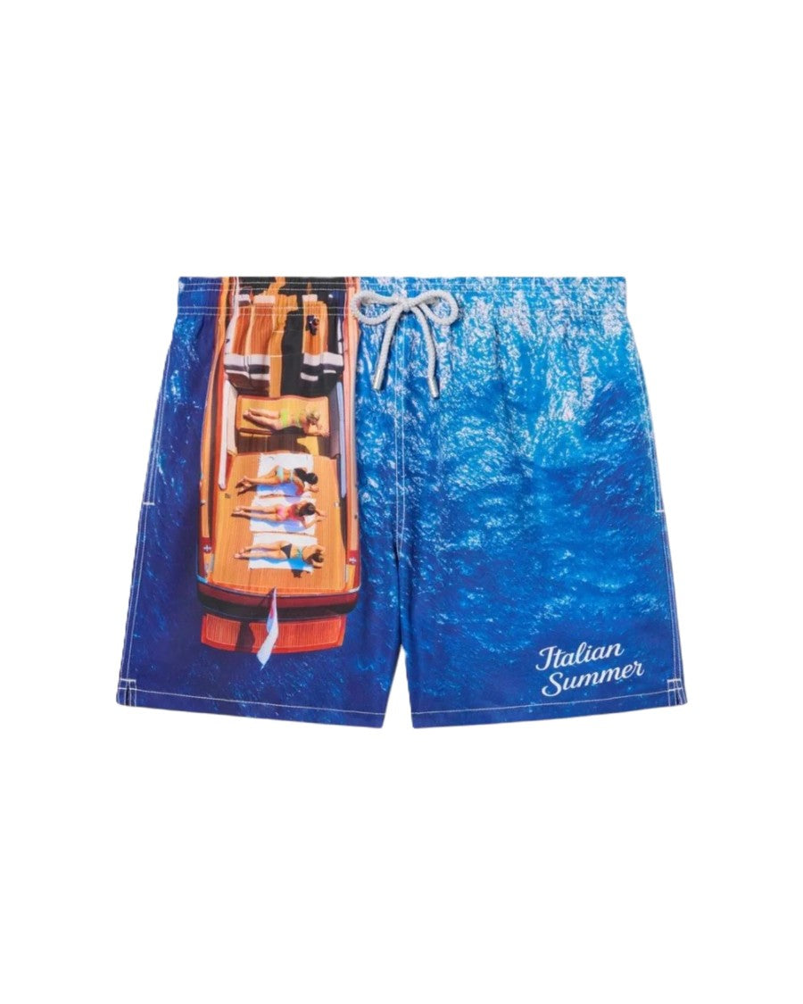Mc2 Saint Barth Vibrant Boat Print Swim Shorts With Drawstring Waistband