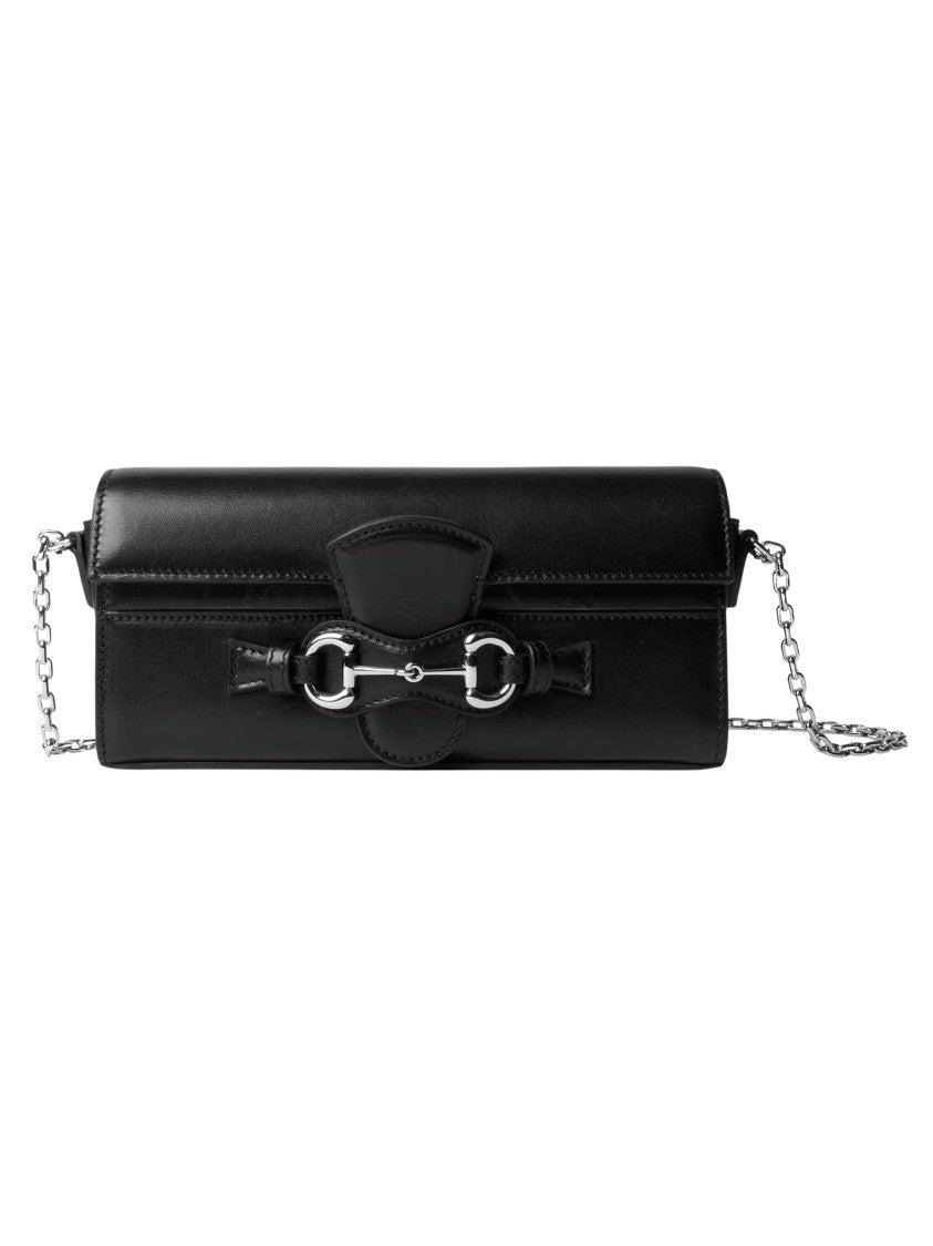 Gucci Rectangular Black Leather Shoulder Bag With Horsebit Detail