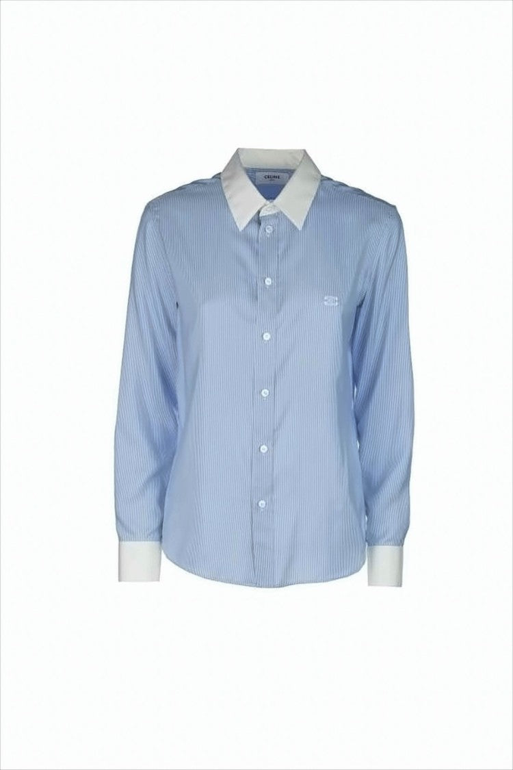 Celine Silk Shirt With Vertical Pinstripe Pattern And Contrasting Collar