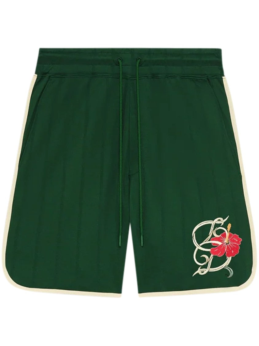Drôle De Monsieur Deep Green Shorts With Hibiscus Embroidery