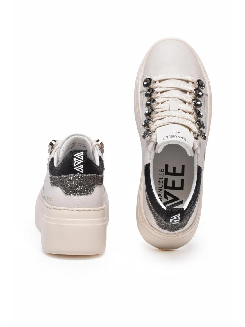 Emanuélle Vee Beige/Black Glitter Leather-Blend Chunky Sneakers