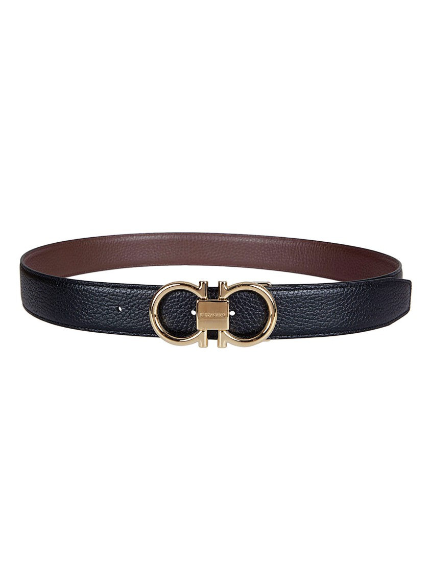 Ferragamo Textured Leather Reversible Belt With Gold-Tone Double Gancini Buckle