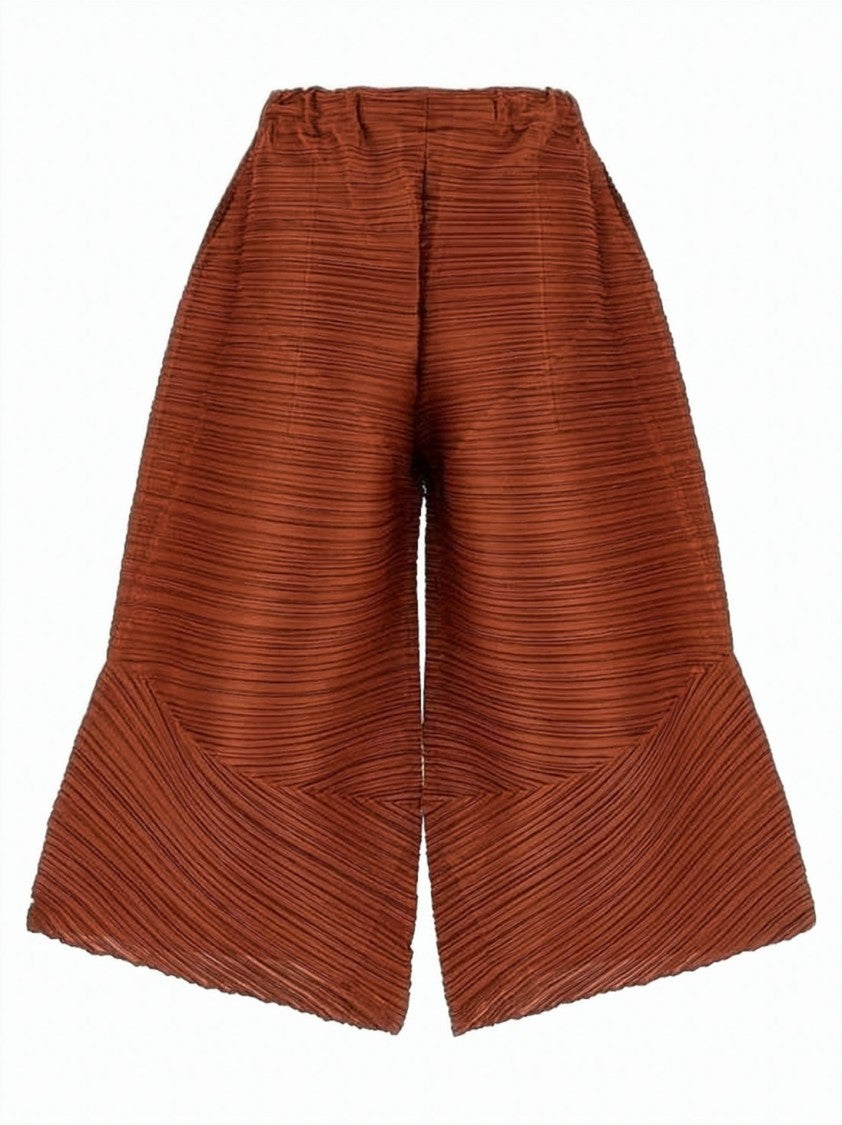 Pleats Please Distinctive Pleated Brown Wide-Leg Pants