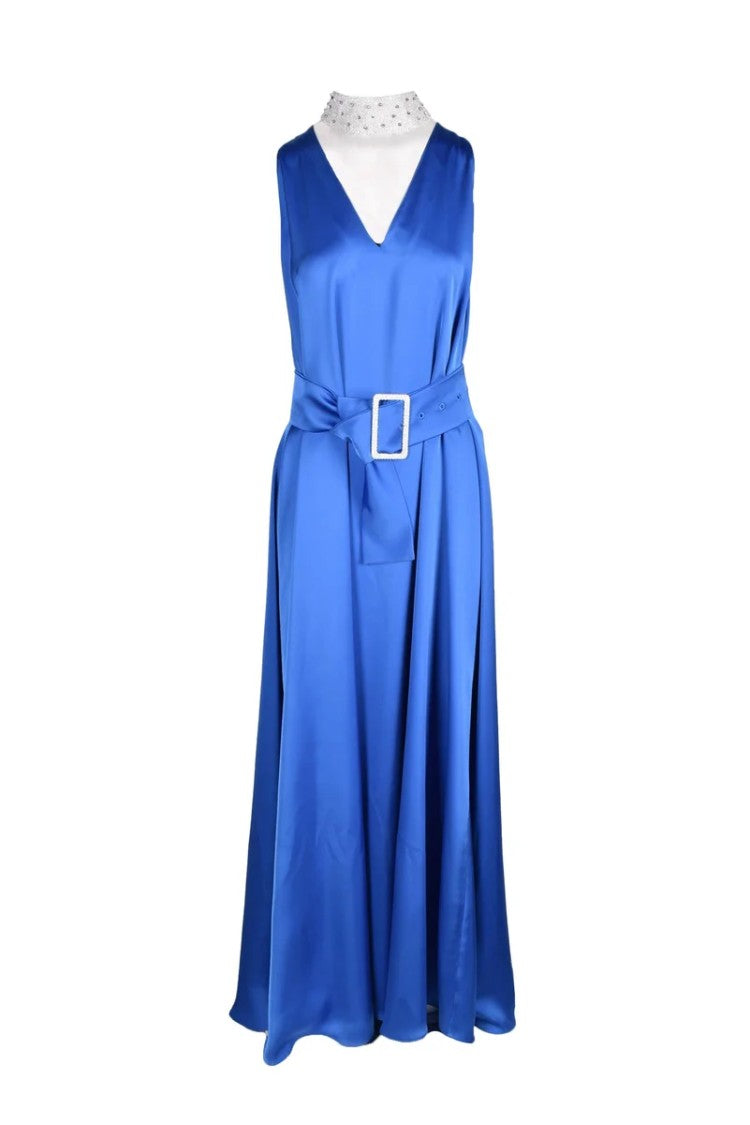 Access Fashion Blue Embellished Collar Flowing Long Dress