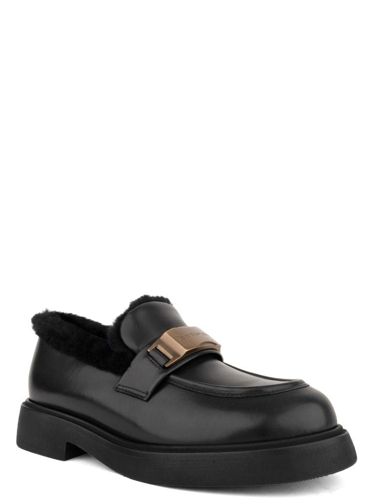 Adrianna Feretti Black Rounded Toe Chunky Sole Metallic Buckle Leather Loafers
