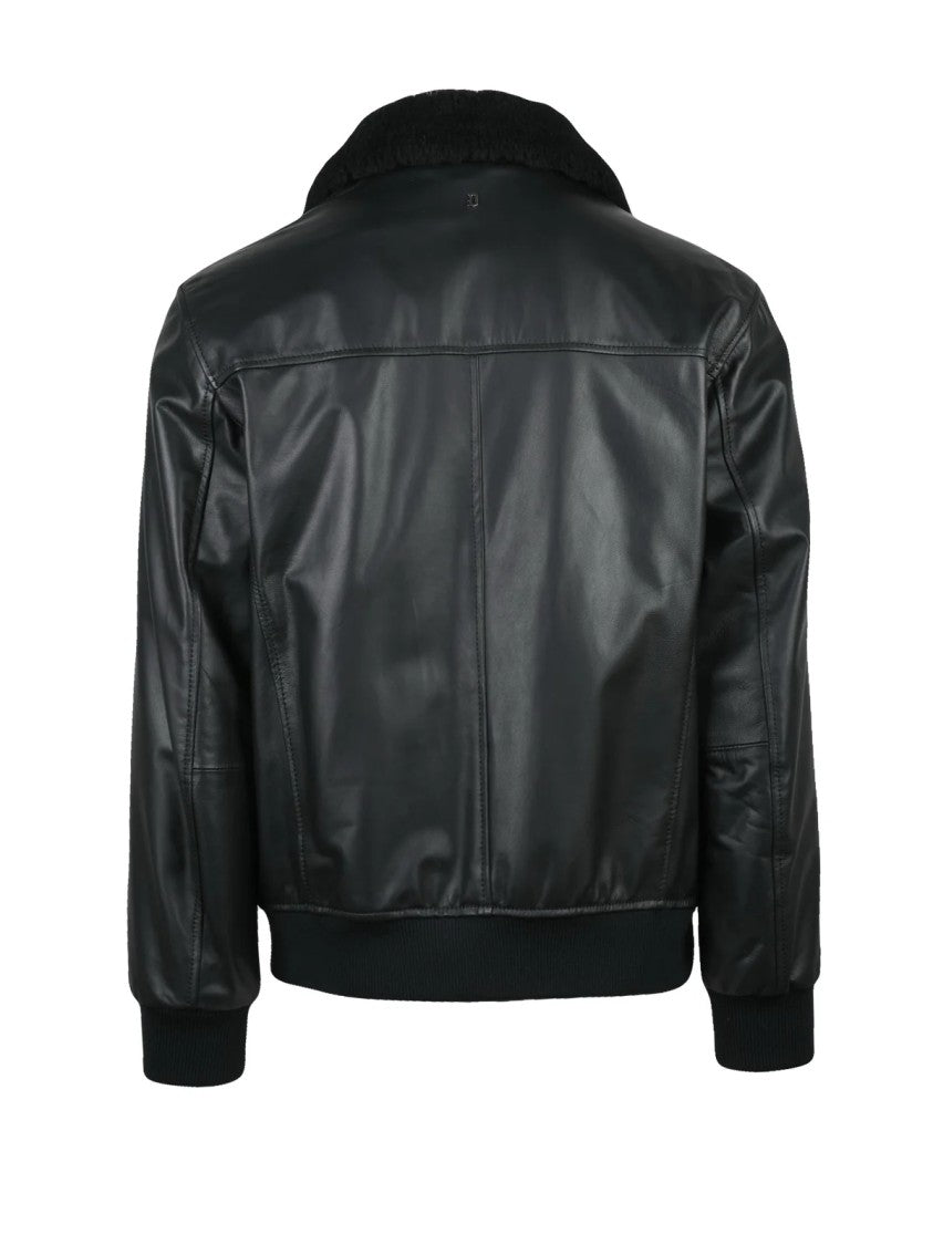 Dondup Black Leather Bomber Jacket With Plush Collar And Ribbed Cuffs