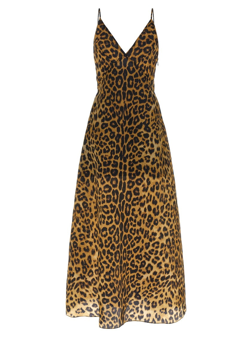 Alberta Ferretti Leopard-Print Silk Organza Long Dress With V-Neck Design