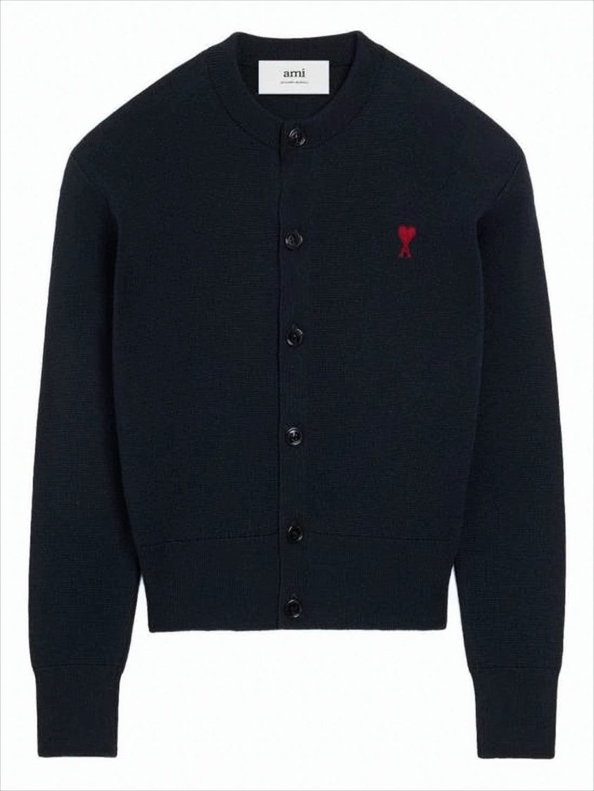 Ami Paris Cropped Wool Cardigan With Embroidered Heart Detail