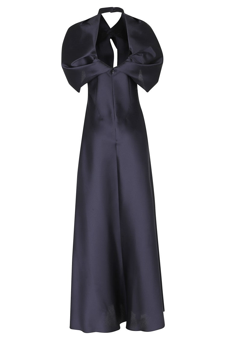 Alberta Ferretti Blue Mikado Tailored V-Neck Short Sleeve Silk-Blend Dress
